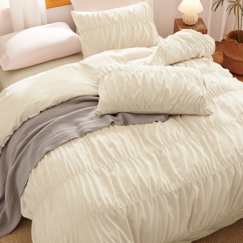 Duvet Cover Set Crisp White Ruched Texture Ruffled Shams Textured Boho