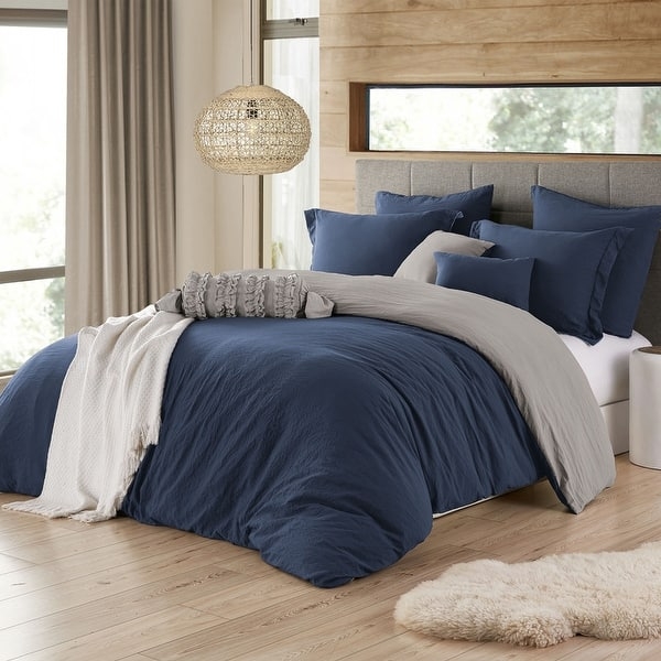 Duvet Cover Set, Dark Charcoal Crinkle Texture, Reversible, Textured Fabric Duvet