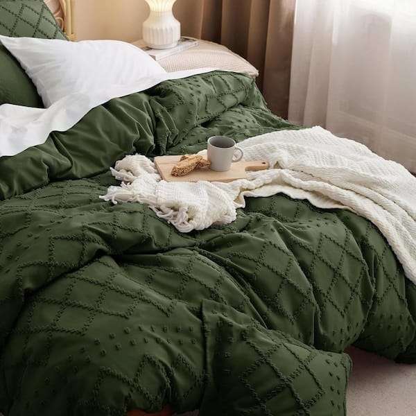 Duvet Cover Set Dark Forest Green Tufted Geometric Details, Modern Boho