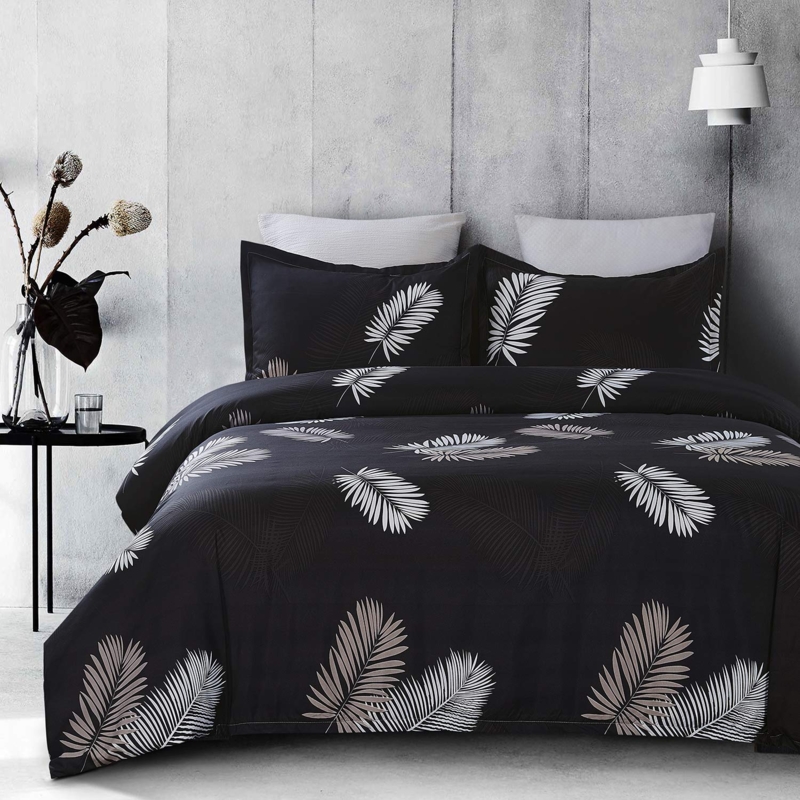 Duvet Cover Set, Dark Gray Palm Leaf Pattern, Botanical Print, Modern Gray Botanical Bedding