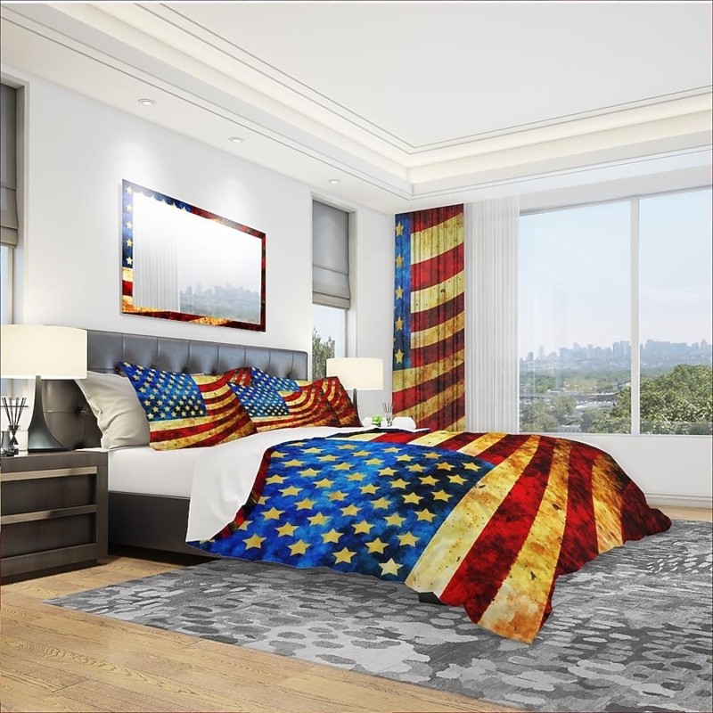 Duvet Cover Set: Distressed Flag Graphic, Patriotic Typography Americana.