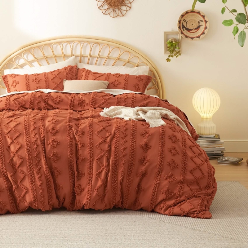 Duvet Cover Set Dusty Blue Geometric Tufted Microfiber Boho Bedding