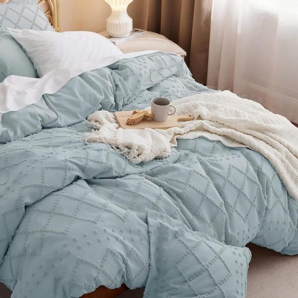 Duvet Cover Set Dusty Blue Tufted Geometric Embroidery, Boho Bedding
