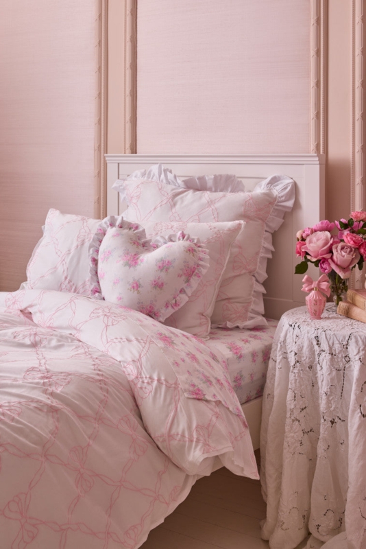 Duvet Cover Set Embroidered Bows Scalloped Edges Romantic Pink