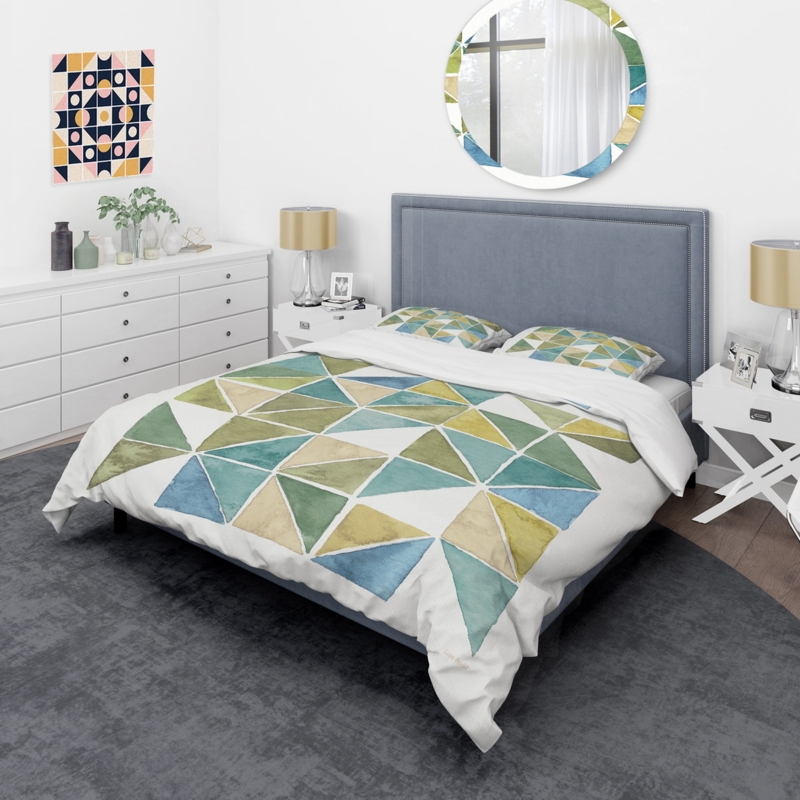 Duvet Cover Set Emerald Green Geometric Triangle Pattern Bold
