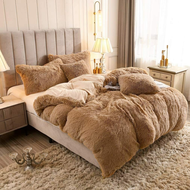 Duvet Cover Set Emerald Green Shaggy Faux Fur Plush Modern Glam