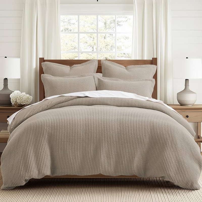 Duvet Cover Set Fawn Waffle Weave Texture Cotton Transitional Style