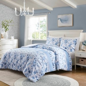 Duvet Cover Set Floral Striped Mix Blue Palette Coastal Bedroom