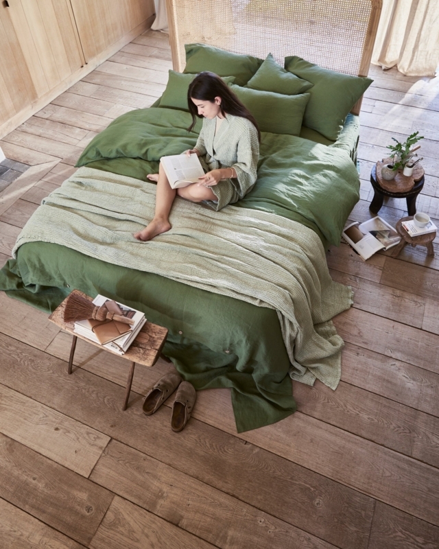 Duvet Cover Set Forest Green Linen Texture Button Closure
