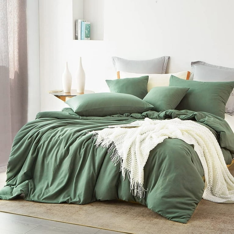 Duvet Cover Set Forest Green Washed Cotton Scandinavian