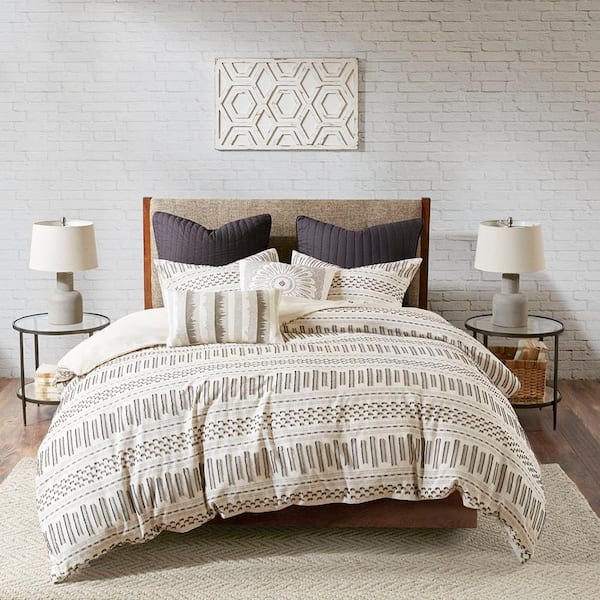 Duvet Cover Set Geometric Jacquard | Contemporary Ivory and Charcoal Bedroom