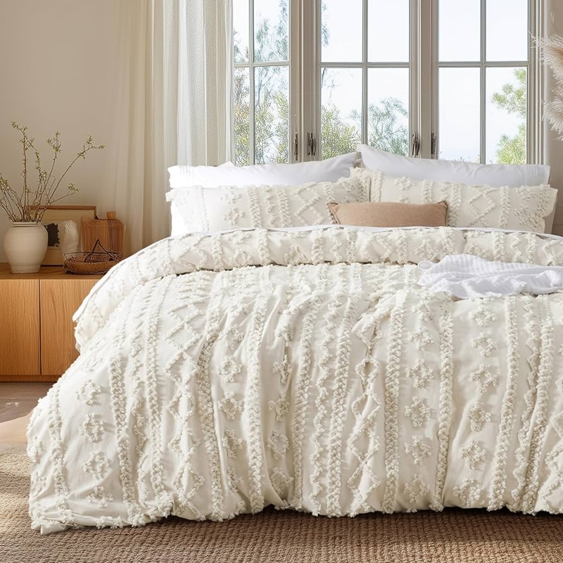 Duvet Cover Set Geometric Tufting Beige Cream Monochromatic Boho Bedding