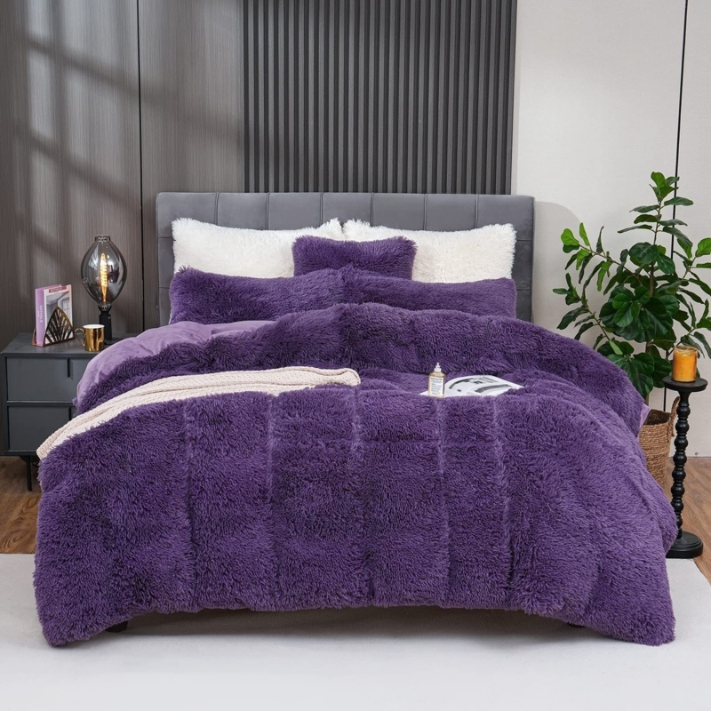 Duvet Cover Set Glam Dramatic Faux Fur High Pile Shag Deep Plum Cozy