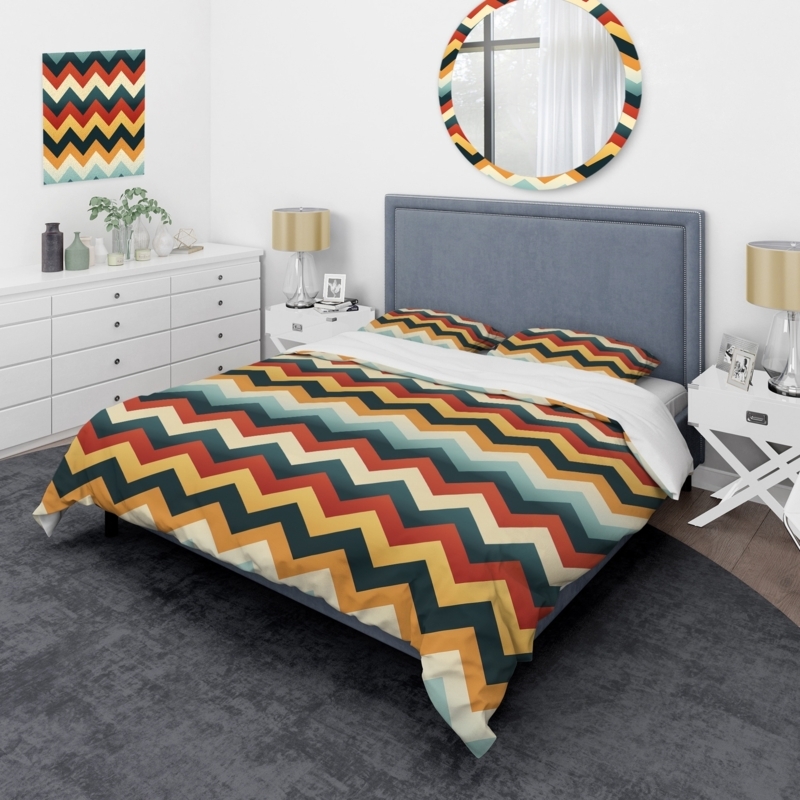 Duvet Cover Set Gold and Brown Oversized Chevron Retro Glam Style