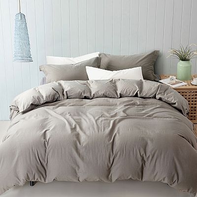 Duvet Cover Set Gray Linen Cotton Blend Slub Woven Texture