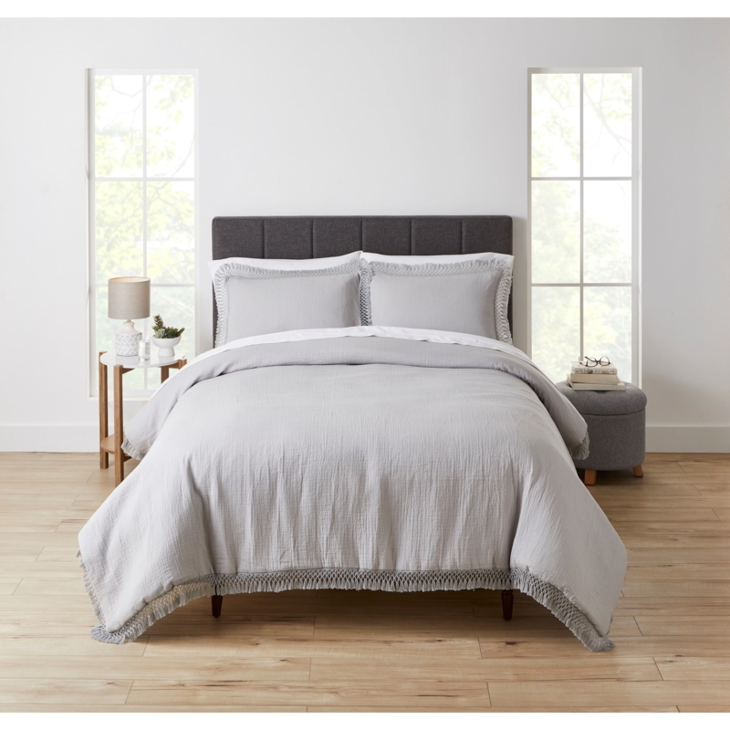 Duvet Cover Set Gray Matelassé Texture Cotton Coastal