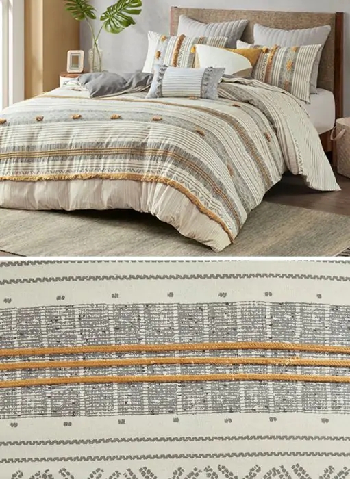 Duvet Cover Set Gray Yellow Tufted Stripes Farmhouse Style
