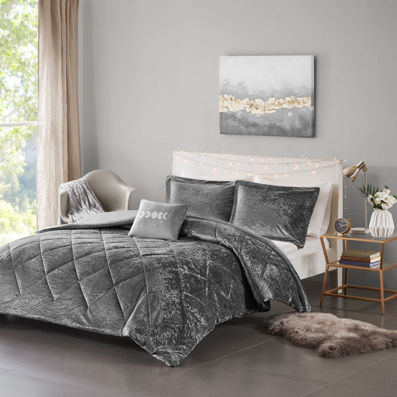 Duvet Cover Set: Grey Geometric Quilted Velvet, Contemporary Luxury.