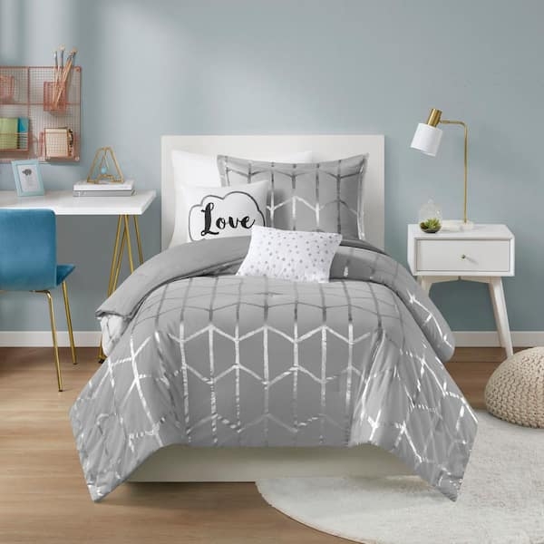 Duvet Cover Set Grey Metallic Geometric Printed Pattern Contemporary