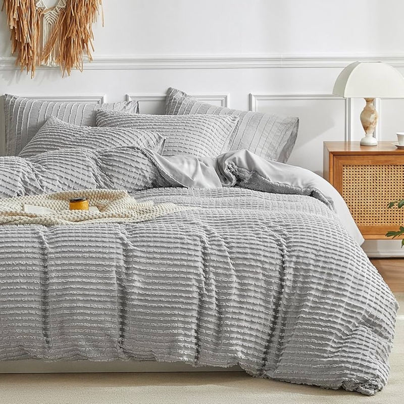 Duvet Cover Set Grey Striped Tufted Texture Cozy Bedding