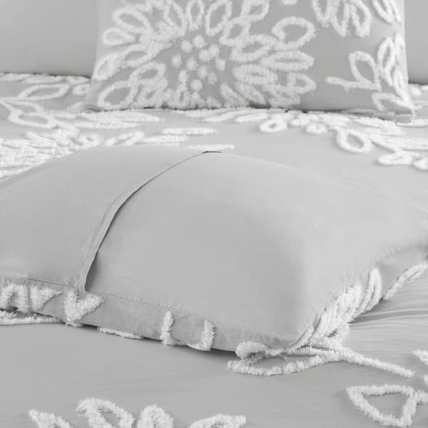 Duvet Cover Set Grey Tonal Palette Pansy Floral Chenille, Shabby Chic