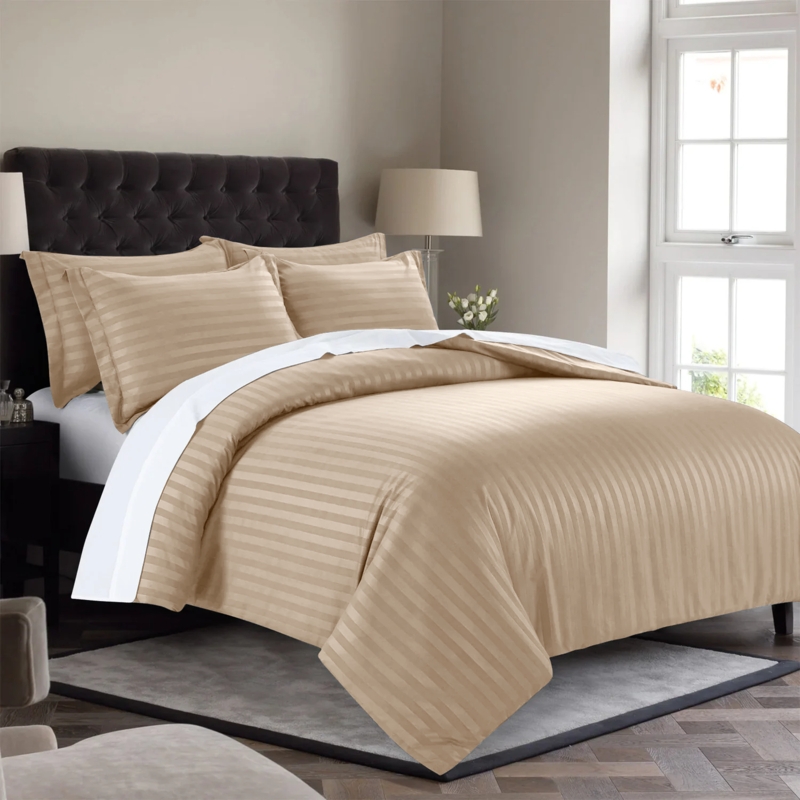 Duvet Cover Set Horizontal Stripes Woven Texture Tan Transitional