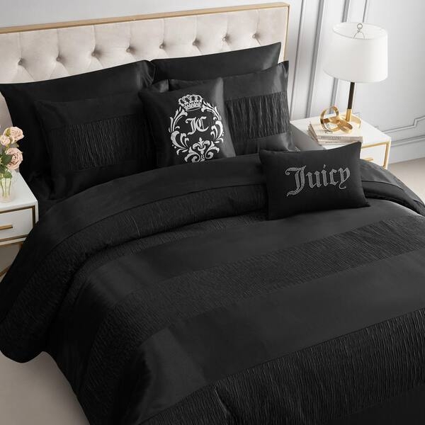 Duvet Cover Set in Black Microfiber with Embroidered Pink Crown Logo