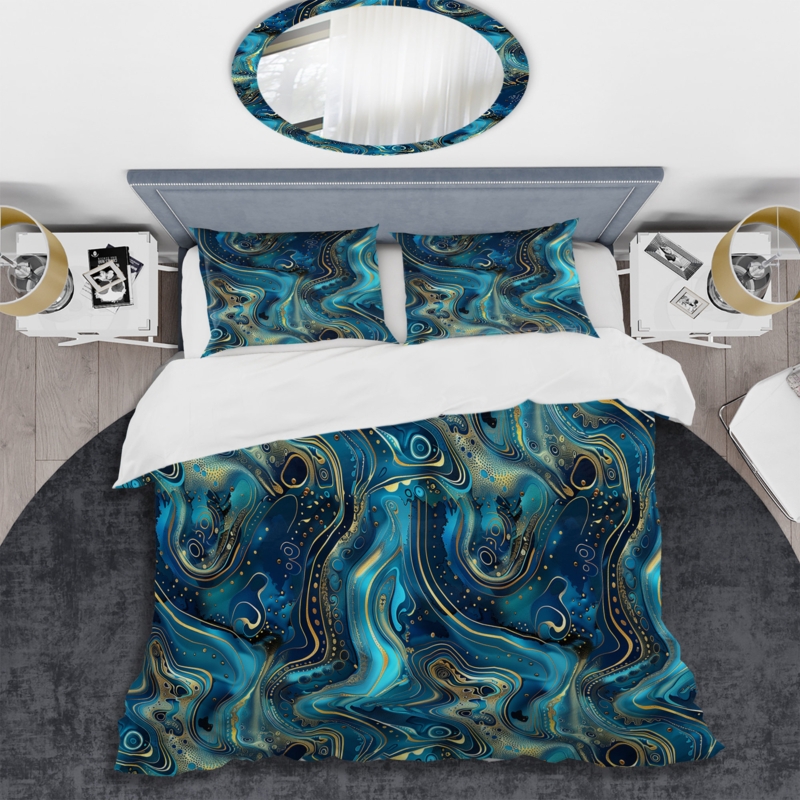 Duvet Cover Set in Navy and Gold with Abstract Psychedelic Marble Print