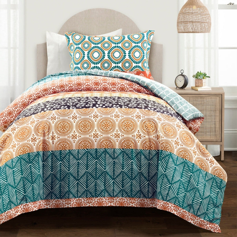 Duvet Cover Set Intricate Striped Pattern Turquoise Orange Vibrant Decor