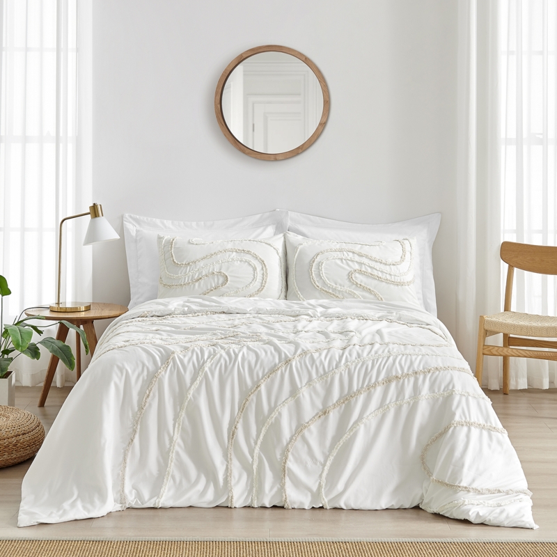 Duvet Cover Set Ivory Taupe Tufted Swirl Pattern Two Tone Farmhouse Chic