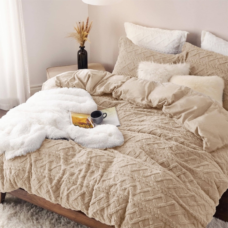 Duvet Cover Set Khaki High Pile Shaggy Tufted Geometric Matte Cozy Decor