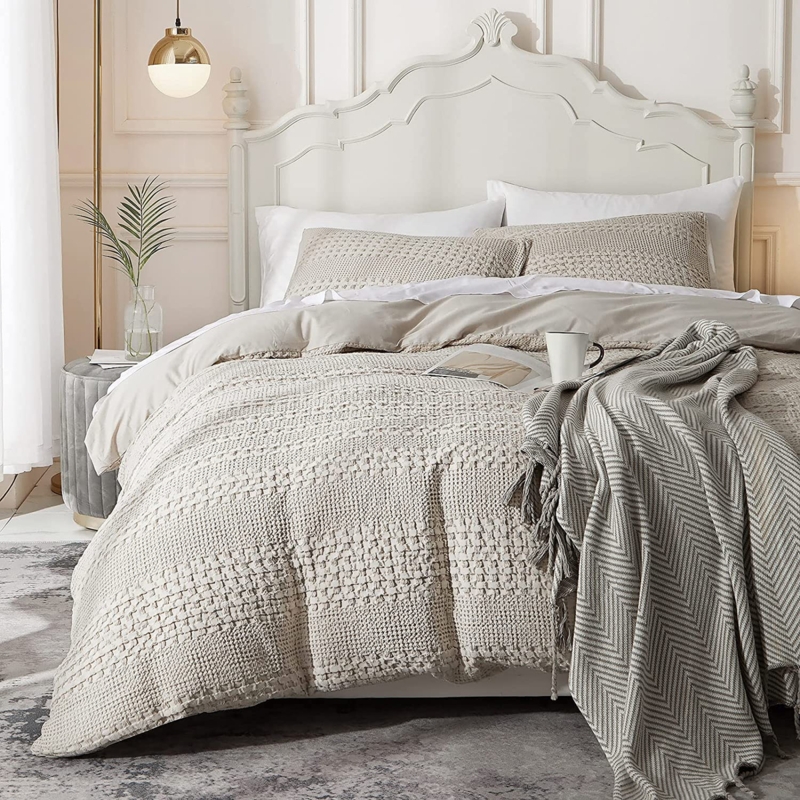 Duvet Cover Set Khaki Waffle Weave Texture Earthy Bedding