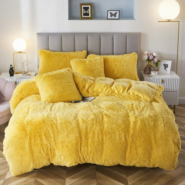 Duvet Cover Set Lemon Yellow Shaggy Faux Fur Long Pile Contemporary