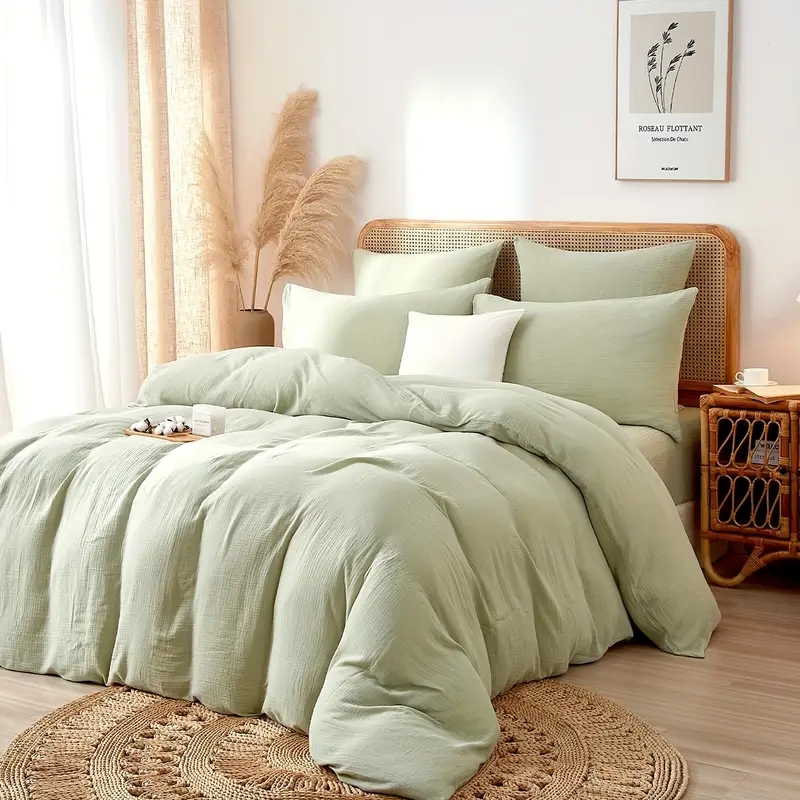 Duvet Cover Set Light Blue Ruffled Trim Cotton Like Fabric