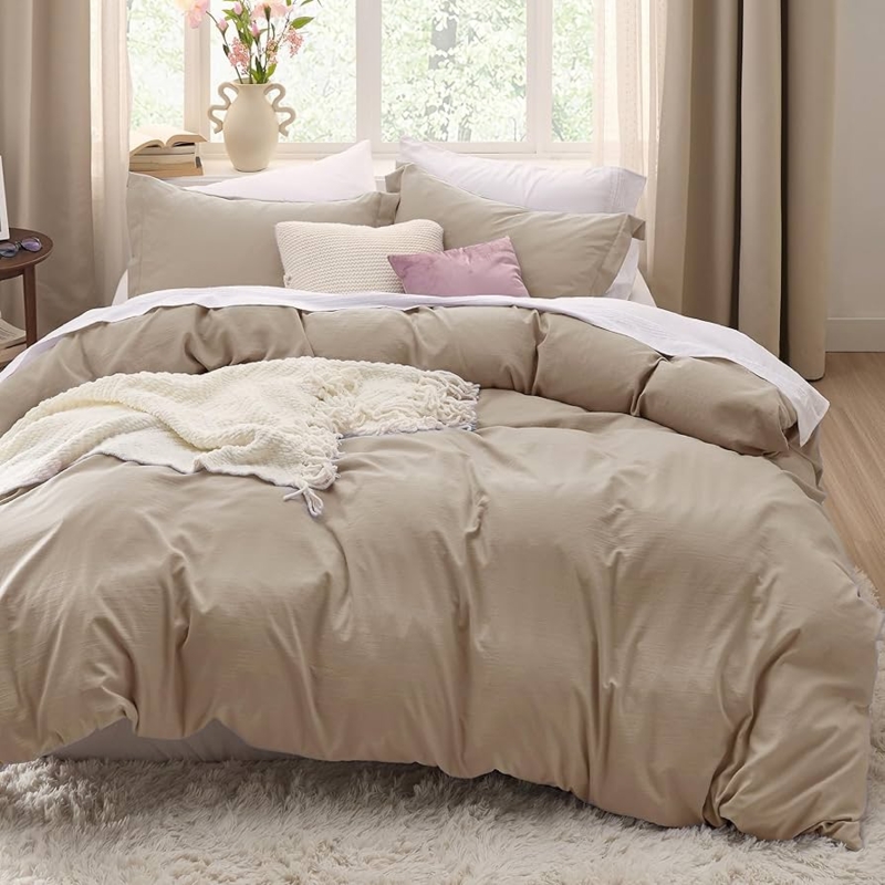 Duvet Cover Set: Light Brown Woven Texture, Japandi Style Minimalist.