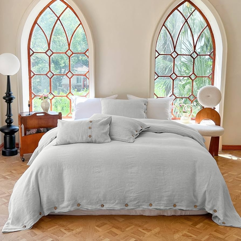 Duvet Cover Set Linen Like Coconut Buttons Rustic Farmhouse Grey Bedding