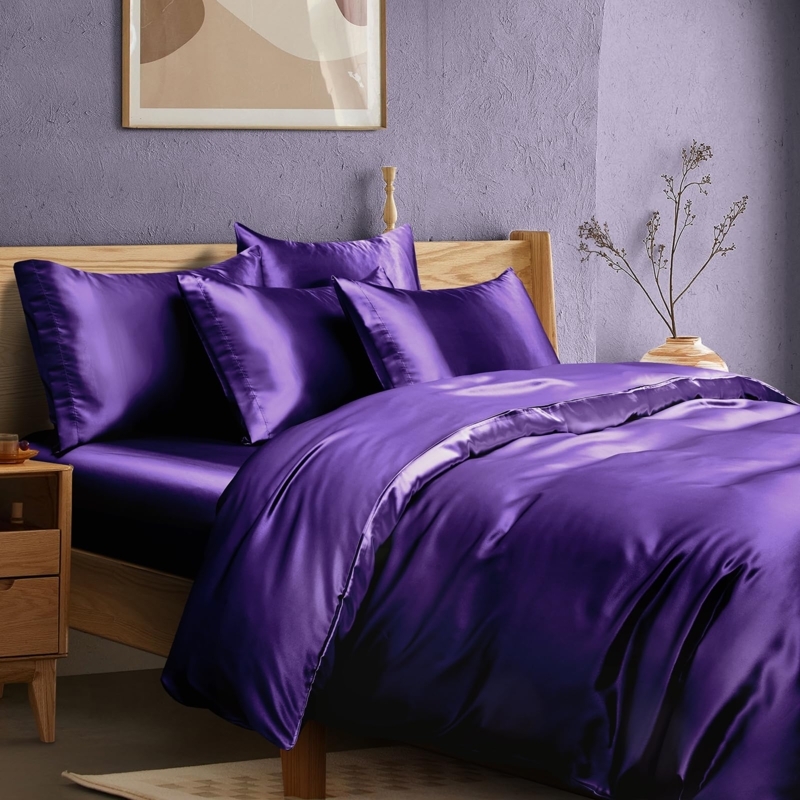 Duvet Cover Set Luxurious Satin Sheen Deep Plum Ruffled Pillows
