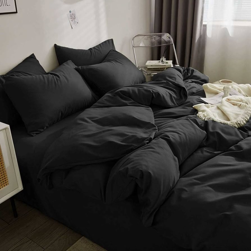 Duvet Cover Set Matte Black Decorative Buttons Modern Bedding