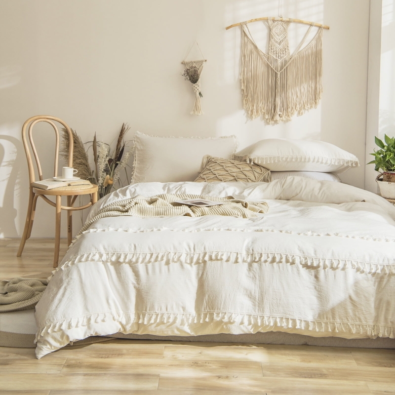 Duvet Cover Set Matte White Triple Layer Tassels Microfiber Airy Decor