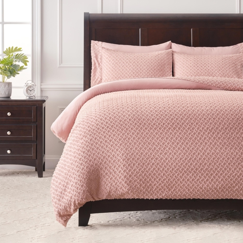 Duvet Cover Set, Mauve Clipped Tufting, Geometric Pattern, Modern Bohemian Duvet Set Styling