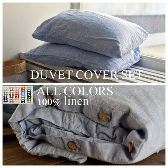 Duvet Cover Set Melange Blue Stone Washed Linen Texture Envelope