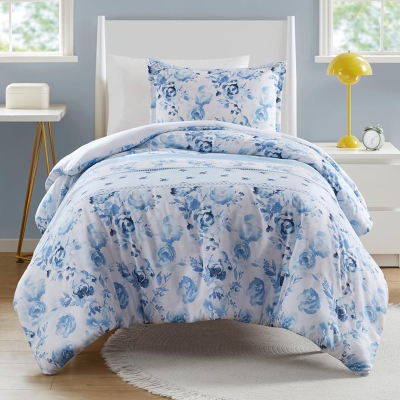 Duvet Cover Set Mixed Pattern Vintage Floral & Stripes, Navy Border Accent