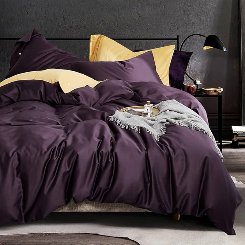 Duvet Cover Set Modern Plum Button Detail Jewel Tone Cotton