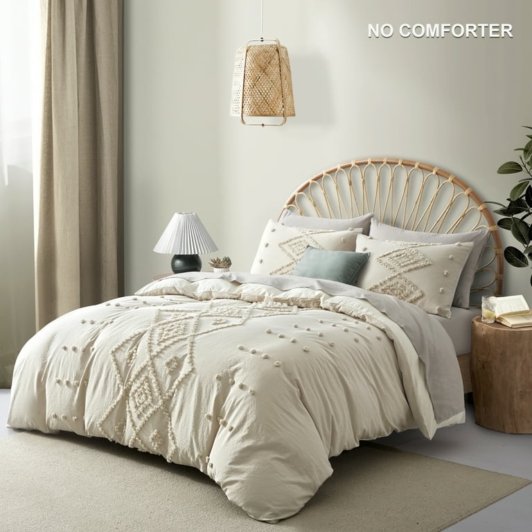 Duvet Cover Set Monochromatic Beige Tufted Embroidery, Shabby Chic Style