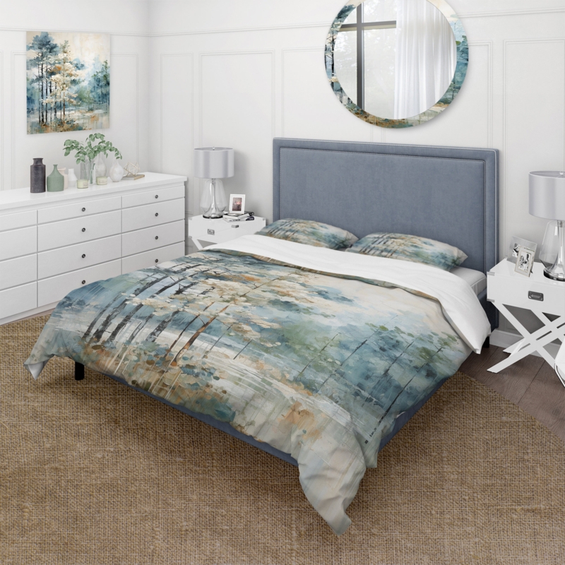 Duvet Cover Set: Monochromatic Forest Landscape Print, Rustic Modern.