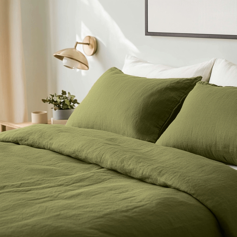 Duvet Cover Set Moss Green Washed Linen Crinkled Texture