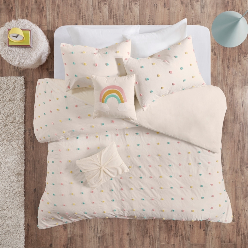 Duvet Cover Set Multi Colored Pom Poms Textured White Bedding
