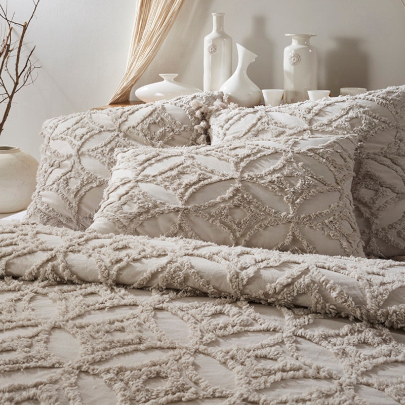 Duvet Cover Set Natural Geometric Tufting, Linen-Like Boho Farmhouse