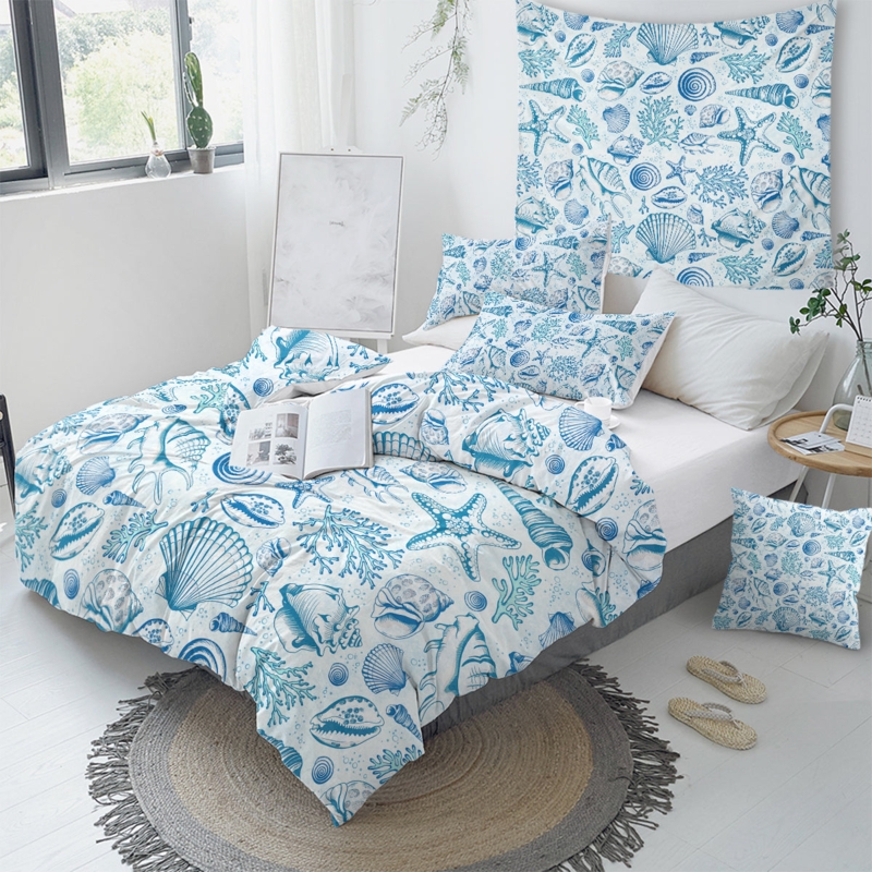 Duvet Cover Set: Navy and White Large Scale Seashell Motif Print
