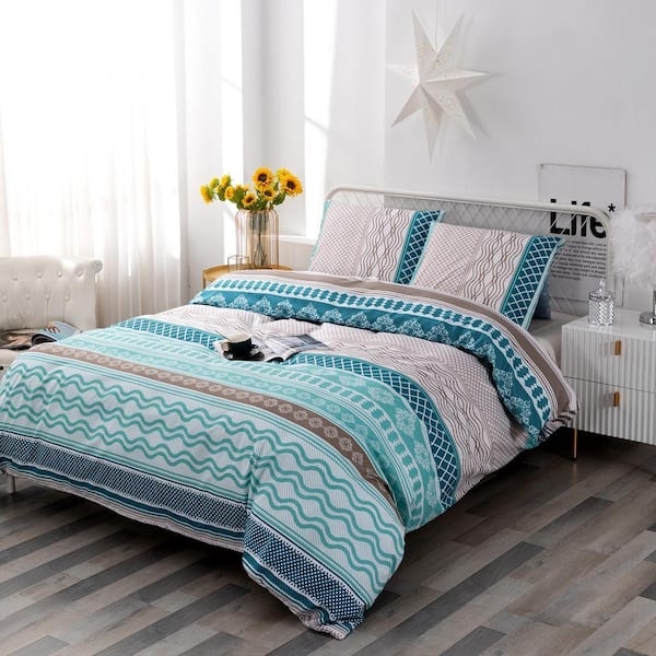 Duvet Cover Set Navy Blue Boho Chevron and Geometric Stripes